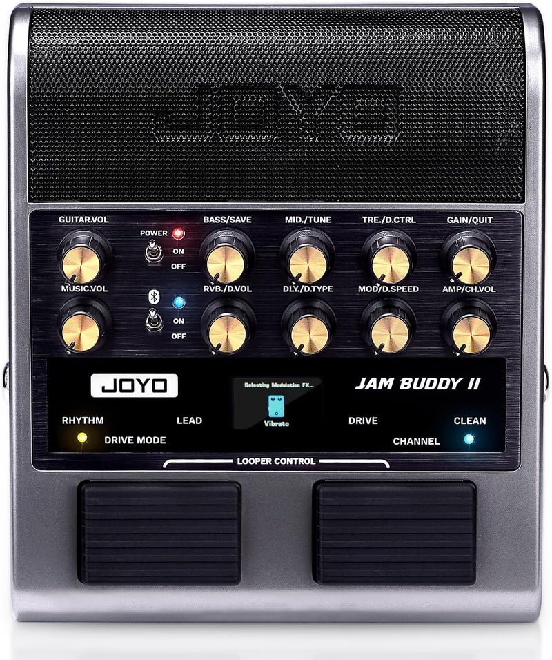 JOYO 10 واط مضخم صوت كهربائي للجيتار مع دواسة مؤثرات متعددة، مضخم محمول مع مفتاح قدم، 14 نموذج مضخم، 3 نطاقات EQ، 36 نمط طبول وLooper، تسجيل OTG، بلوتوث للتدريب (JAM Buddy II، رمادي) - Image 1